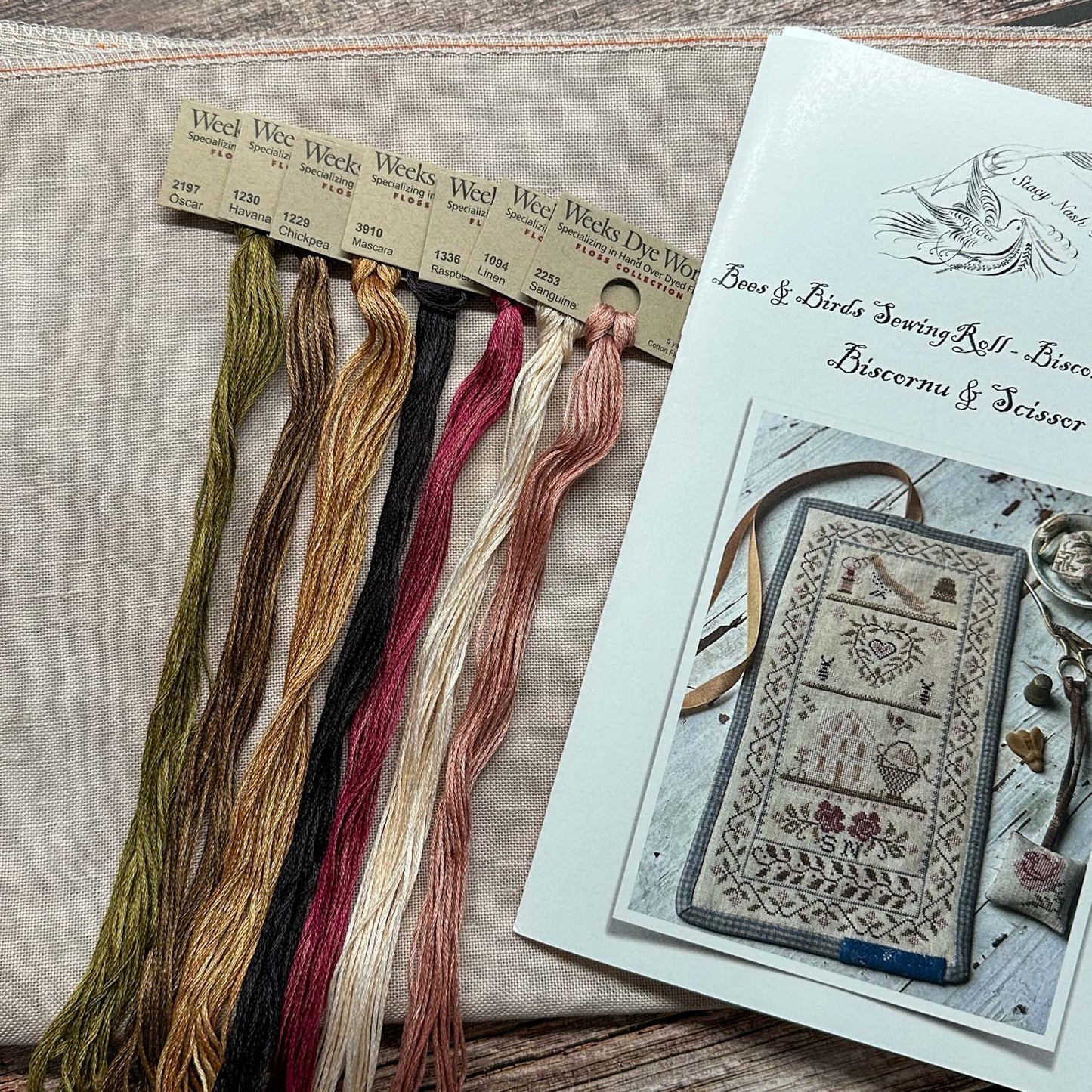 FABRIC Across the Pond SAL 2026 - Stacy Nash ~ Bees & Birds Sewing Roll, Biscornu & Scissor Fob