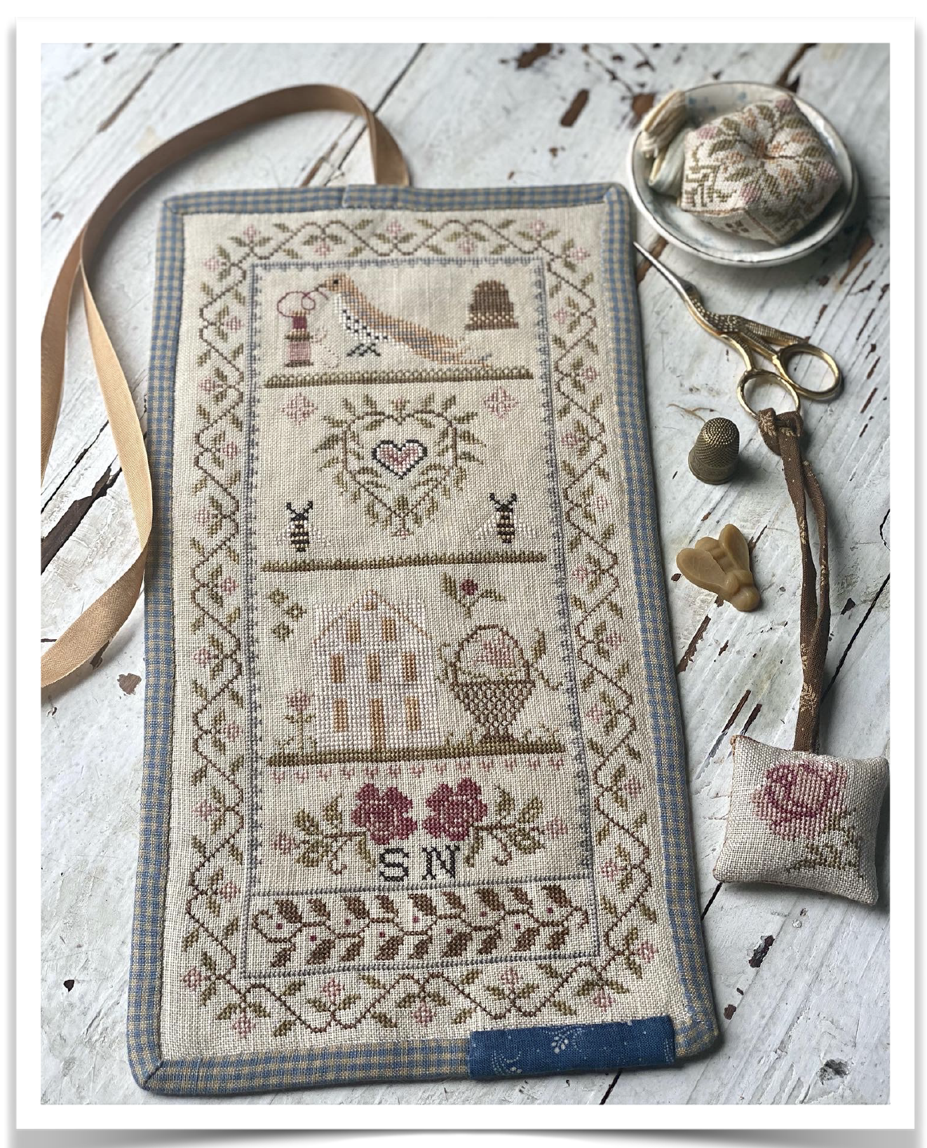 PATTERN Across the Pond SAL 2026 - Stacy Nash ~ Bees & Birds Sewing Roll, Biscornu & Scissor Fob